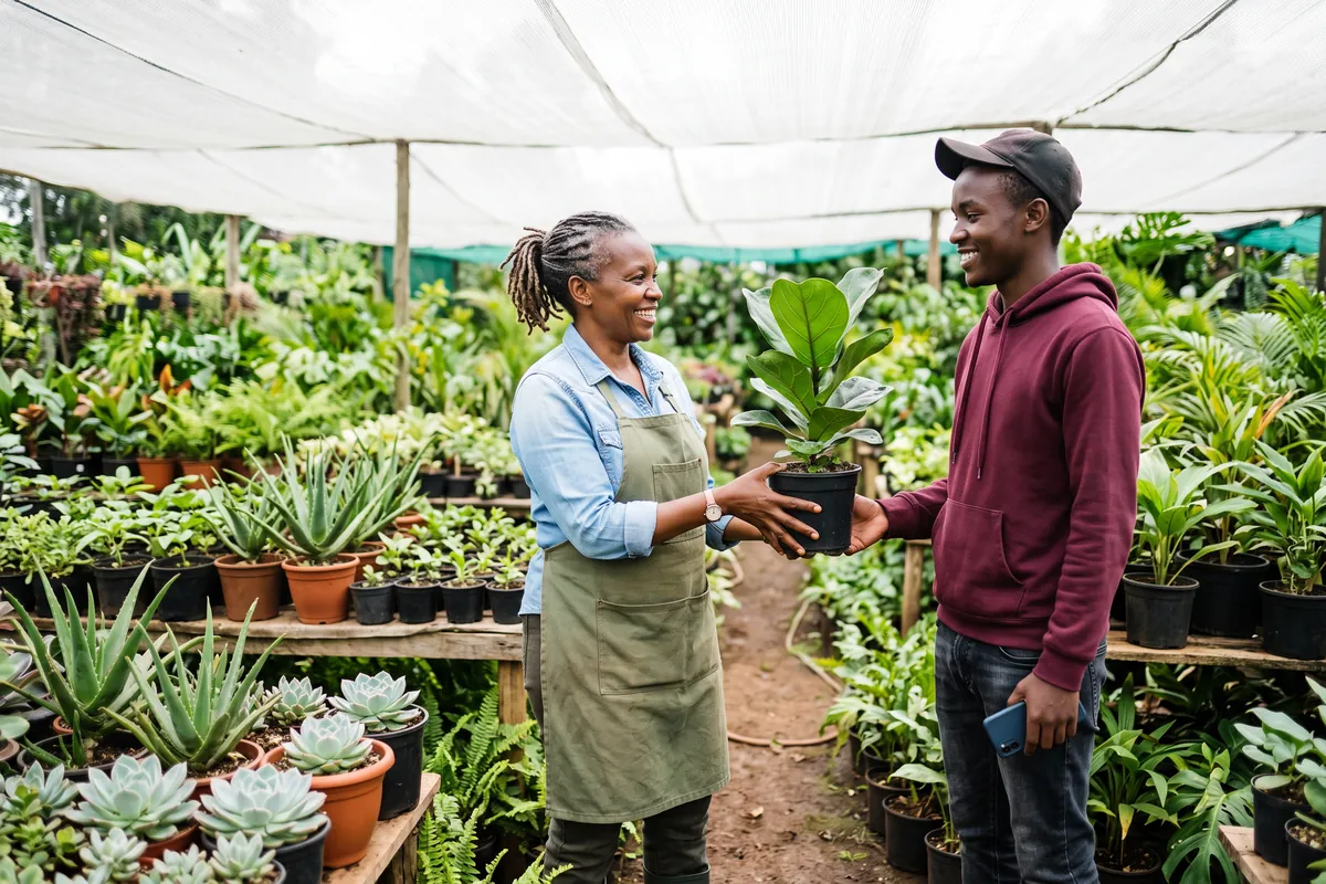 Plant nursery owner in Limuru handing a potted fiddle-leaf fig to a young customer holding his phone